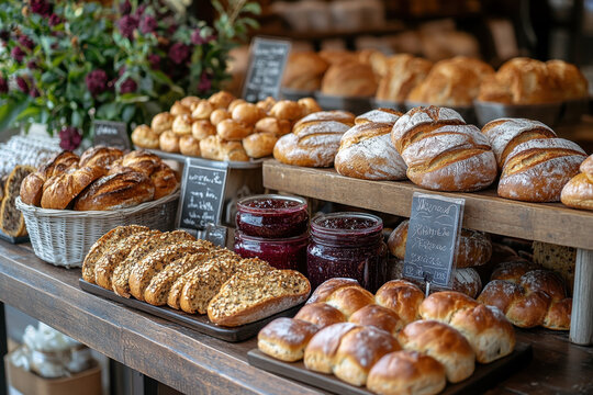 Assorted breads and pastries on a table.