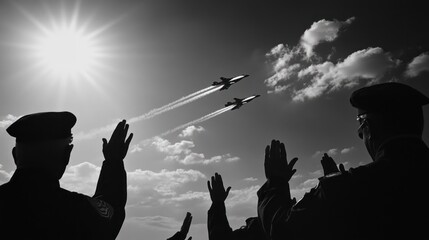 Soldiers salute jets during a bright, sunny day