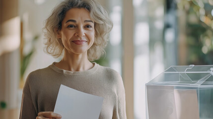 Smiling mature woman holding ballot paper near transparent ballot box, ready to vote in modern light polling station, participating in elections and making important decisions for future