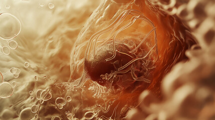 Microscopic view of a virus infecting cells, illustrating biological warfare and the spread of infection within the human body, featuring bubbles and organic textures