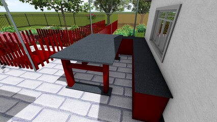 3d image of the landscape design of the home territory. Landscaping of the territory. Computer visualization of composite landscaping and landscaping solutions. White garden.