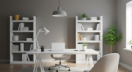 Blurred Minimalist Home Office with White Furniture and Grey Wall