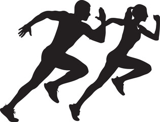 Dynamic vector silhouettes depict diverse athletes in action, including men and women running, jumping, and playing sports like soccer and football
