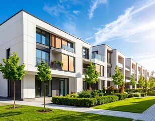Modern apartment buildings on a sunny day with a blue sky. Facade of a modern apartment building