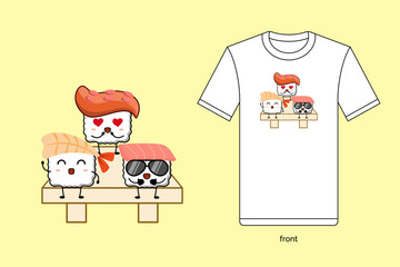 Kawaii sushi illustration vector design with T-shirt mockup. EPS 10