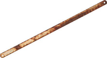 close-up of old rusty hacksaw blade isolated white background, thin flat strip with fine sharp teeth used for cutting metal, plastic and wood, rusted and corroded tools
