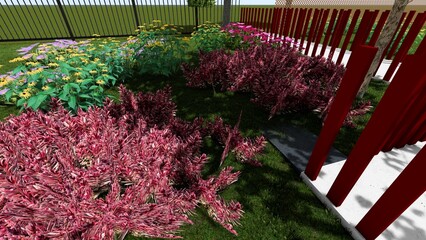 Obraz premium 3d image of the landscape design of the home territory. Landscaping of the territory. Computer visualization of composite landscaping and landscaping solutions. White garden.