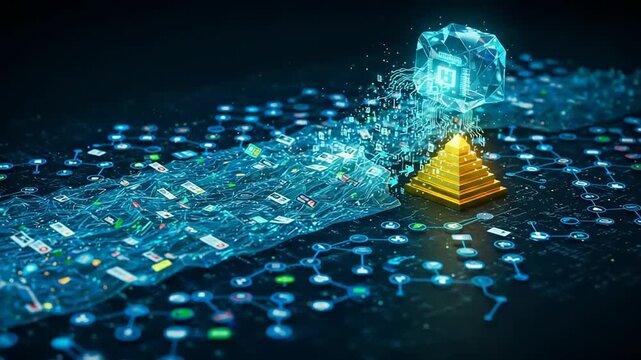 Futuristic digital landscape showcasing a glowing pyramid amidst flowing data streams and icons