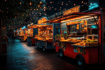 Obraz premium Food truck parked on street, vibrant colors, busy customers waiting in line.