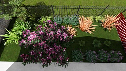 3d image of the landscape design of the home territory. Landscaping of the territory. Computer visualization of composite landscaping and landscaping solutions. White garden.