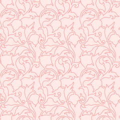 Seamless pattern pink  leaves on a beige background. Hand drawn lines better for wallpapers, digital papers, packading and cards.