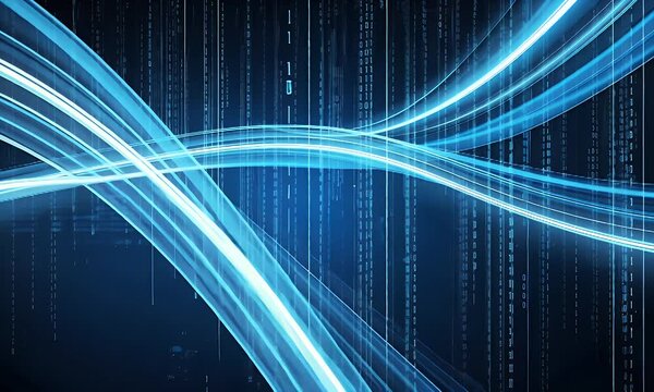 Abstract digital background with glowing lines and binary code, representing technology and data flow.