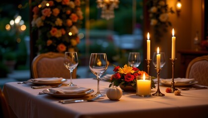a romantic candle lit dinner table with a soft bokeh effect in the background