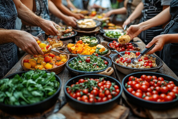 Obraz premium Food preparation with people bustling around, chopping vegetables and stirring pots.