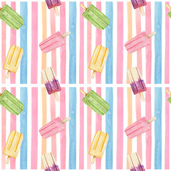 Watercolor seamless pattern with three flavors ice creams on colored stripes on a white background