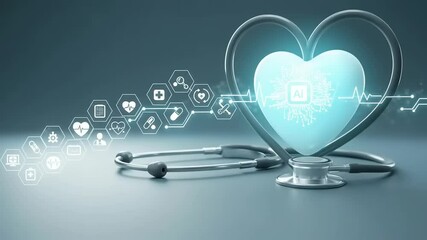 Futuristic heart symbolizing AI in healthcare, with a stethoscope and medical icons in the background - Powered by Adobe