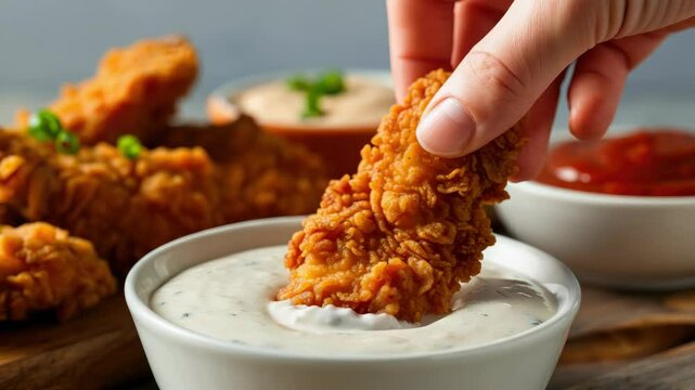 Close-up of crispy fried chicken strips being dipped in ranch sauce, comfort food meal