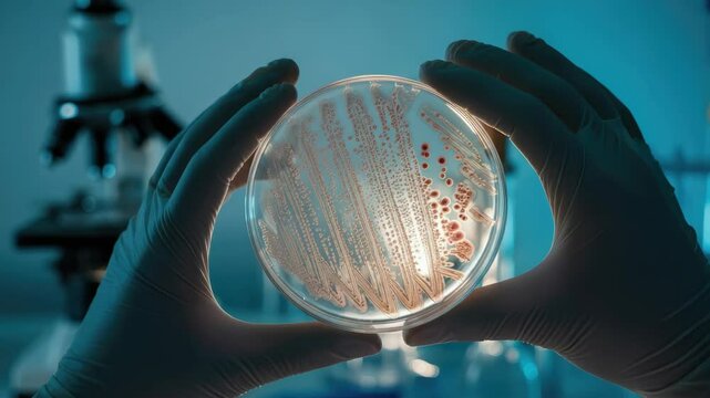 Gloved hands holding petri dish with bacterial culture in laboratory