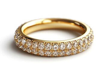 Close up of a gold ring with two rows of diamonds on a white background in a studio setting