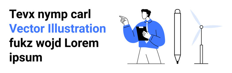 Professional pointing while holding a clipboard alongside a pen and wind turbine. Ideal for technology, innovation, business planning, clean energy, design, presentations, simple landing page