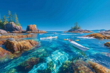 Obraz premium A small party of kayakers navigate the serene waters of a coastal inlet situated in Alaska