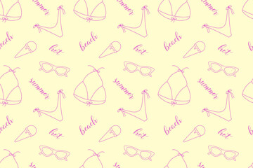Seamless pastel summer pattern with bikini, ice cream, sunglasses, and handwritten words “summer”, “beach”, “hot”. Pink outline on cream background. Perfect for textiles and digital prints.

