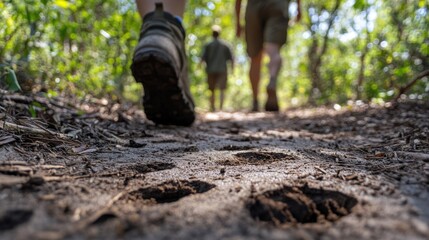 Naklejka premium Hiking boots on a sandy trail, showing footprints