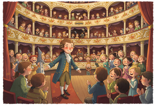 A triumphant children's book scene of a teenage Wolfgang Amadeus Mozart bowing to a cheering crowd after the successful premiere of his first opera, 'Mitridate, re di Ponto'.