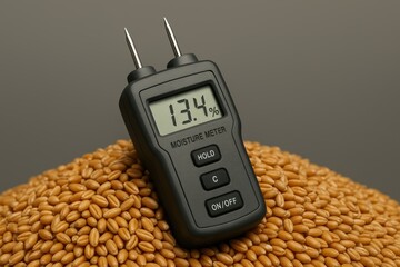 Moisture meter reading 13.4 percent on a mound of golden grains