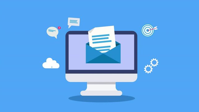 Animated mail service on monitor. Dynamic email delivery, cloud sync, chat, and process icons. Ideal for digital communication, network solutions, and office workflow visuals.With alpha channel only 4