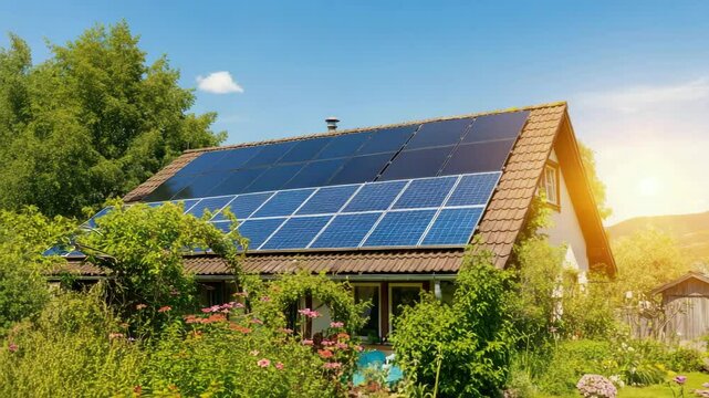 House with solar panels on roof in green garden