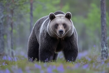 Fototapeta premium A wild brown bear roams freely in its natural habitat, moving through dense forest vegetation amidst soft light and blurred greenery