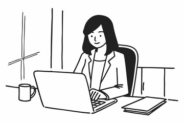Brunette mid aged asian businesswoman sitting at the office and using laptops for work. Confident professional female wearing business casual