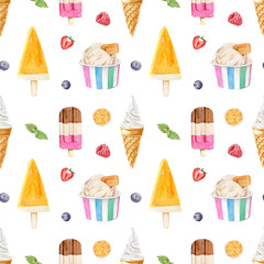 Watercolor seamless pattern with different flavors ice creams and different toppings on a white background