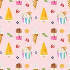 Watercolor seamless pattern with different flavors ice creams and different toppings on a pink background
