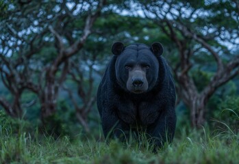 Fototapeta premium Yala National Park in Sri Lanka is where a Sri Lankan sloth bear, or Melursus ursinus inornatus, is currently walking along the road
