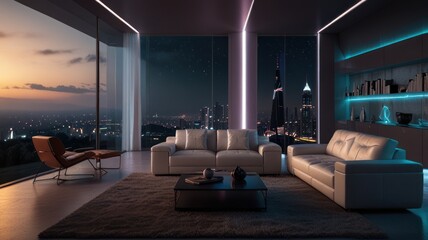 Modern penthouse living room at night, panoramic city view