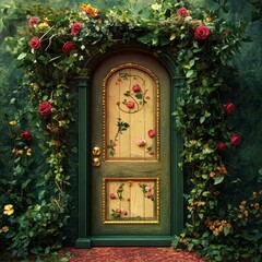 Secret Garden Doorway with Rose Adornments Vintage Floral Entrance Enchanting Portal Botanical