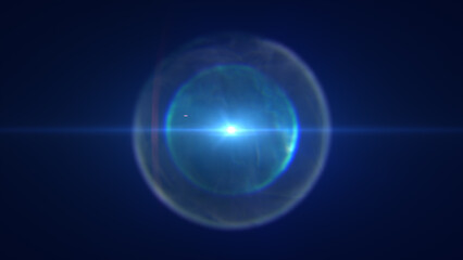 Neon-lit sphere with glowing red and blue highlights, bright flare effect in space-like dark void