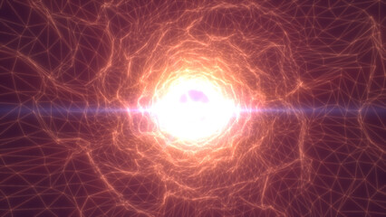 Abstract golden energy core surrounded by glowing mesh network, creating a tunnel with radiating light beams