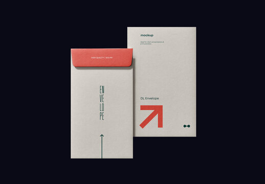 DL Envelope Mockup &ndash; PSD Template with Vertical Front and Back View for Modern Mail Branding, Stationery Identity Presentation, or Client Proposal Display
