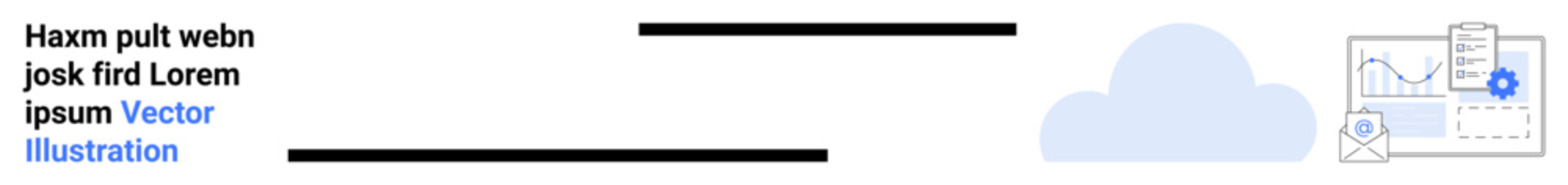 Cloud icon alongside charts, settings gear, envelope, and document symbols highlighting data storage, workflow automation, and analytics. Ideal for tech services, communication, business tools