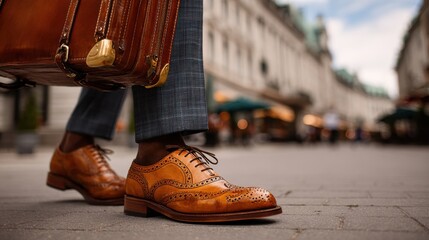 Elegant close-up of a man in stylish leather brogue shoes carrying a vintage suitcase on a city street, ideal for travel blogs, fashion ads, and urban lifestyle promotions