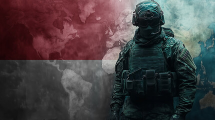 A soldier in tactical gear standing in front of the Indonesian flag. background features flag with a slightly transparent overlay of a world map, giving the scene a patriotic and global context.
