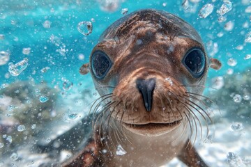 Fototapeta premium In the ocean, an amusing sea lion can be found swimming underwater, which matches an animal theme