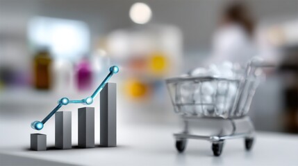 3D chart with rising line and miniature shopping cart in blurred pharmacy interior ideal for medical market research visuals, healthcare sales analytics and retail performance concepts