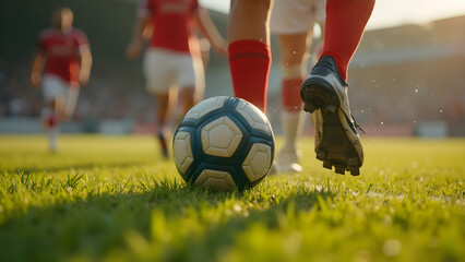 Soccer match intensity through players' feet. Ground level view of soccer action. Ultra realistic soccer game highlights. Capturing soccer skills in motion.