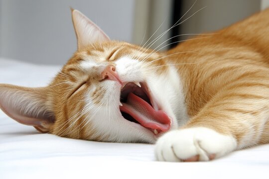 Orange tabby cat yawning and stretching while lying on a white surface
