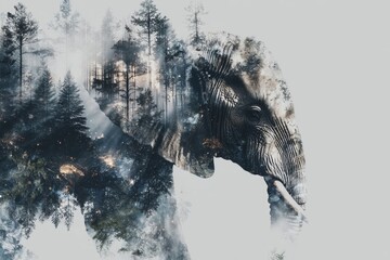 Obraz premium The double exposure effect features an elephant walking amidst a lush green jungle on World Wildlife Day