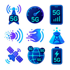 Futuristic 5G Signal Icon Set – Neon Tech Connectivity Symbols